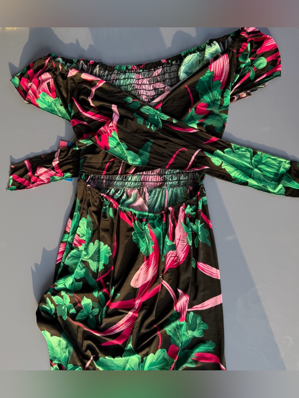 Tropical Floral Off-Shoulder with Front Tie Maxi Dress - Green & Pink - Picture 3 of 13